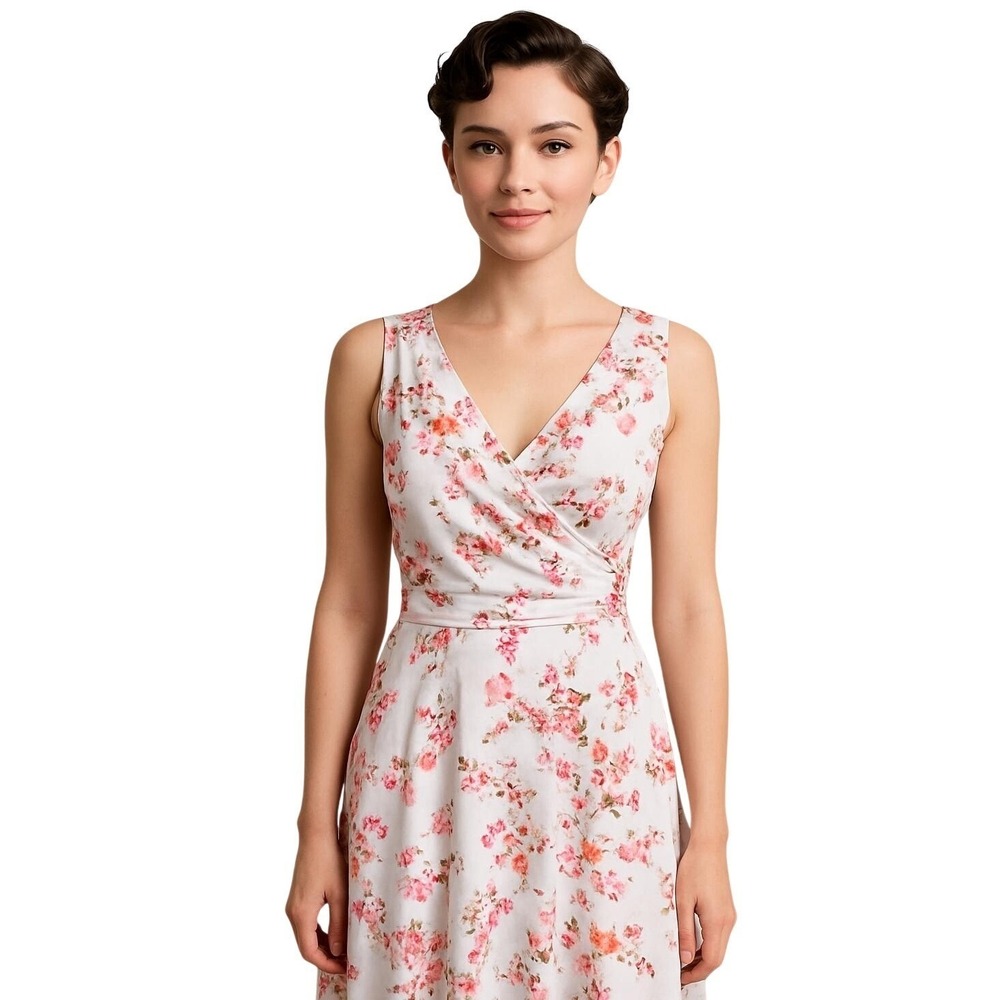 Kaileigh White Pink Floral Faux Wrap Sleeveless A-Line Midi Jersey Dress Size S